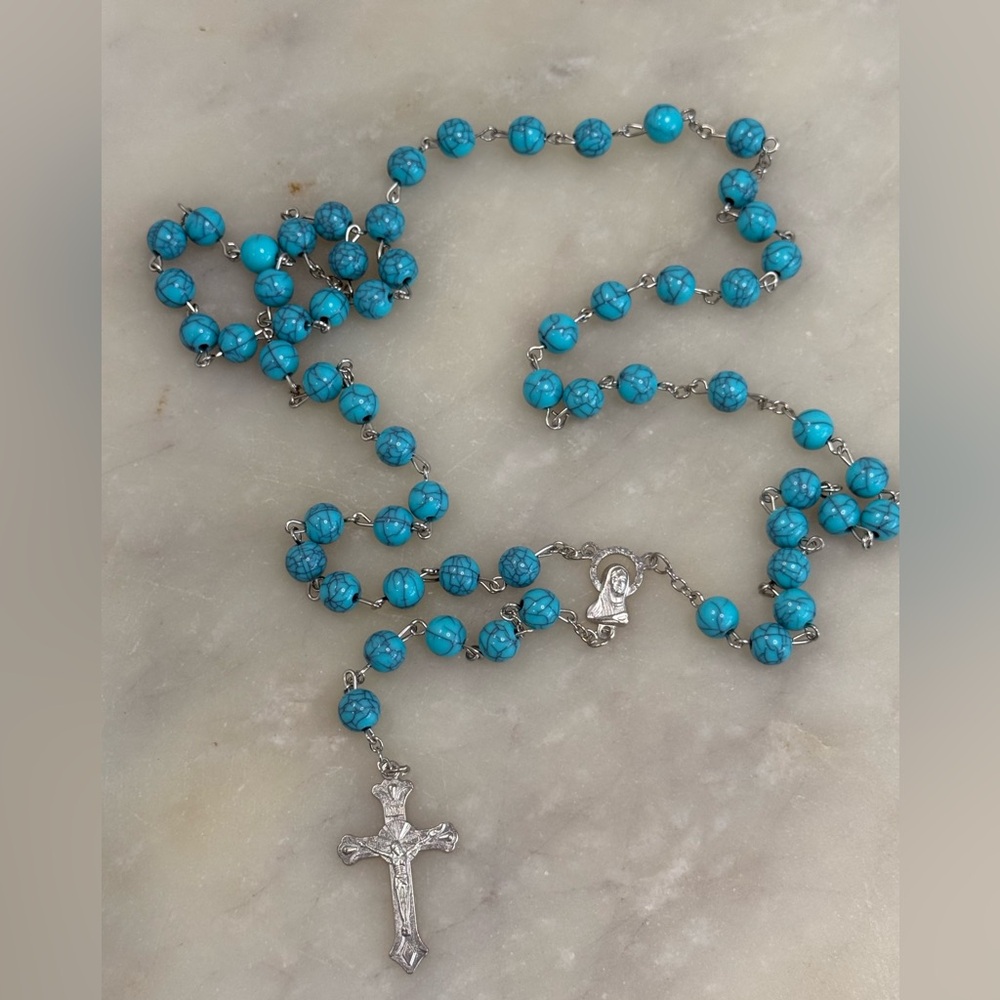 Turquoise Rosary Beads with Silver Cross